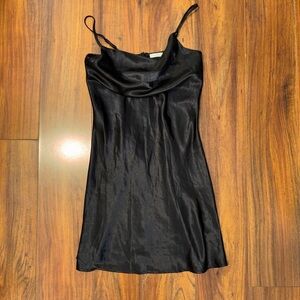 Timing Black Satin Cowl Neck Mini Slip Dress